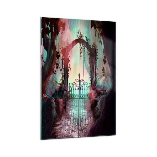 Cuadro sobre vidrio - Impresiones sobre Vidrio - Una entrada mágica con una puerta de hierro forjado rodeada de vegetación misteriosa. - 70x100cm - Jardín secreto - Decoración de pared moderna para salón y dormitorio ARTTOR
