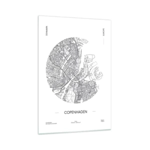 Cuadro sobre vidrio - Impresiones sobre Vidrio - Un mapa de Copenhague en un estilo minimalista en blanco y negro. - 70x100cm - Anatomía de Copenhague - Decoración de pared moderna para salón y dormitorio ARTTOR
