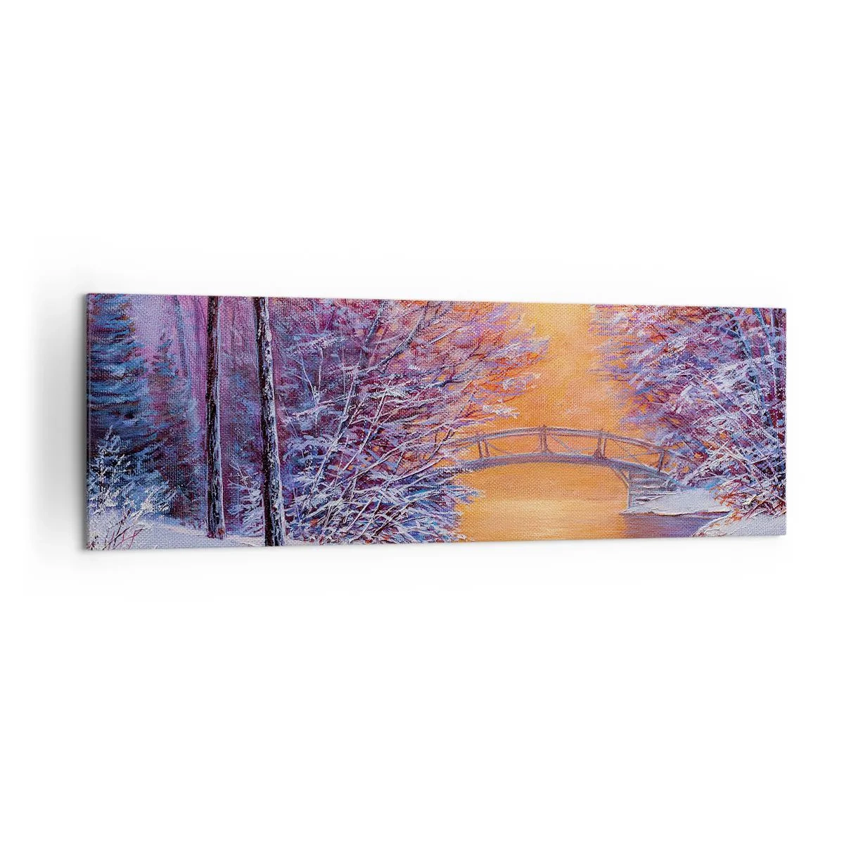 Cuadro sobre lienzo - Impresión de Imagen - Paisaje invernal con puente y puesta de sol - 160x50cm - Reunámonos aquí - Decoración de pared moderna para salón y dormitorio ARTTOR