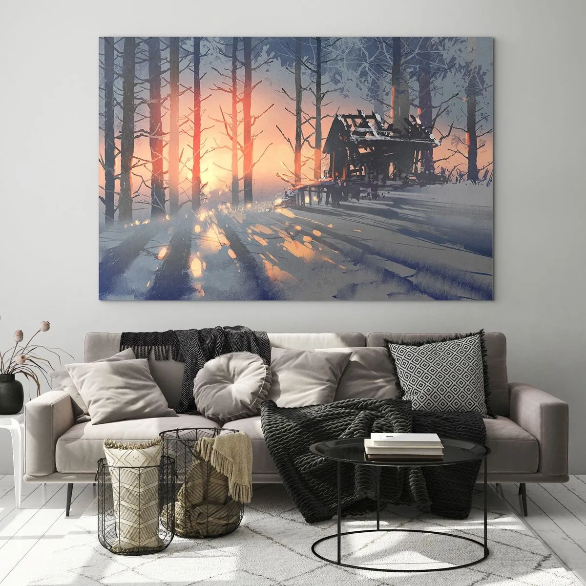 Cuadro sobre vidrio - Impresiones sobre Vidrio - Bosque invernal al atardecer con una cabaña al fondo - 120x80cm - Solo el sol es testigo - Decoración de pared moderna para salón y dormitorio ARTTOR