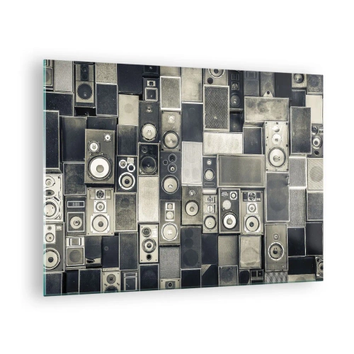 Cuadro sobre vidrio - Impresiones sobre Vidrio - Una composición de altavoces retro en tonos grises. - 70x50cm - Y todo fluye - Decoración de pared moderna para salón y dormitorio ARTTOR