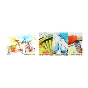 Muestra de fotomural Premium Canvas - Dos en bicicleta - Abstracción, Bicicleta, Aves - 100x30 cm