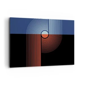 Cuadro sobre lienzo - Impresión de Imagen - Abstracción geométrica con líneas en azul marino y naranja. - 100x70cm - En un abrazo geométrico - Decoración de pared moderna para salón y dormitorio ARTTOR