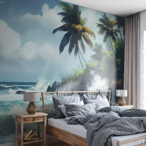 Fotomural Premium Sand - Olas rompiendo contra las rocas de una playa tropical con palmeras. - 100x70cm - En una costa tropical - Decoración de pared moderna para salón y dormitorio ARTTOR