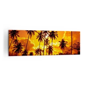 Cuadro sobre lienzo - Impresión de Imagen - Palmeras contra un cielo dorado durante una puesta de sol tropical - 160x50cm - Las montañas arden, los bosques arden - Decoración de pared moderna para salón y dormitorio ARTTOR
