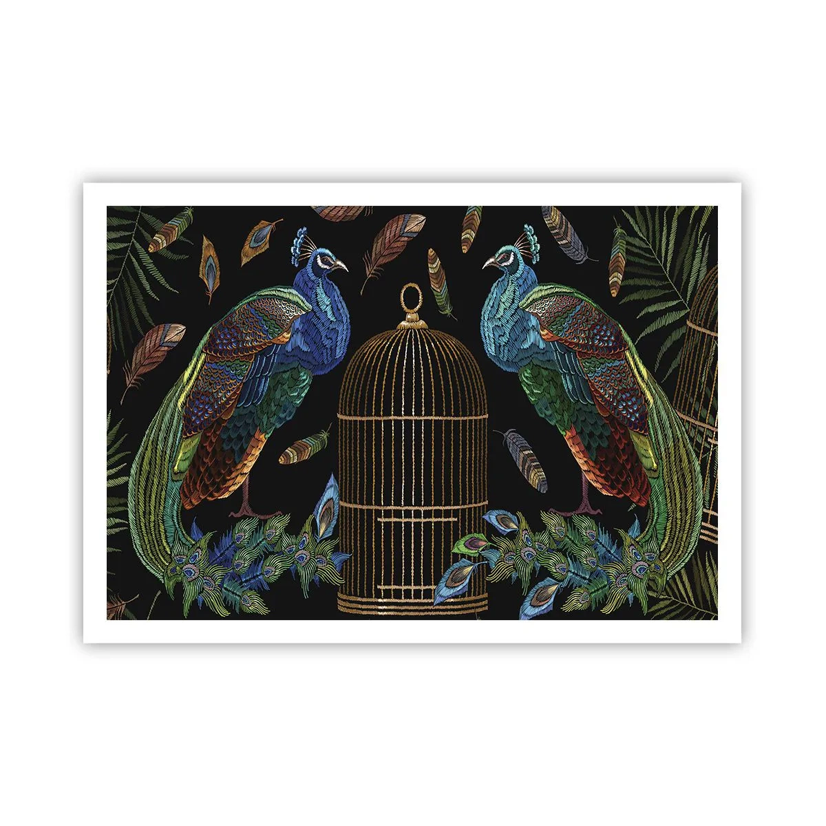 Póster - Pavos reales junto a una jaula dorada sobre un fondo negro - 100x70cm - Con plumajes reales - Decoración de pared moderna para salón y dormitorio ARTTOR