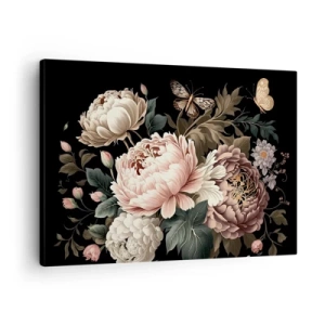 Cuadro sobre lienzo - Impresión de Imagen - Un ramo de flores rosas y mariposas sobre un fondo negro. - 70x50cm - En estilo barroco - Decoración de pared moderna para salón y dormitorio ARTTOR