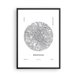 Póster en marco negro - Un mapa minimalista en blanco y negro de Birmingham - 50x70cm - Anatomía de Birmingham - Decoración de pared moderna para salón y dormitorio ARTTOR
