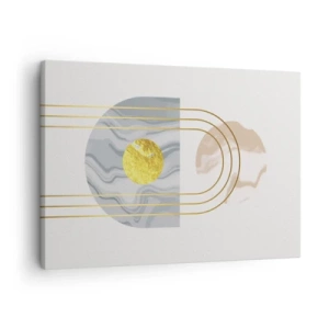 Cuadro sobre lienzo - Impresión de Imagen - Composición abstracta con círculos y líneas doradas sobre fondo claro. - 70x50cm - Brillo y resplandor - Decoración de pared moderna para salón y dormitorio ARTTOR