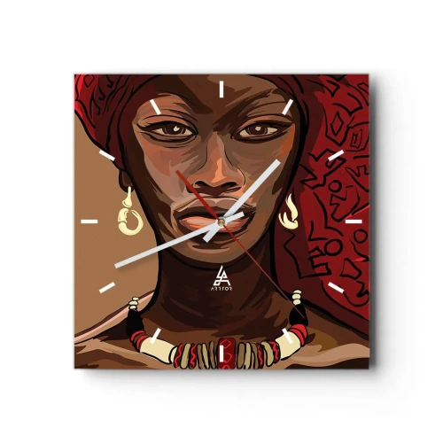 Reloj de pared - Reloj de vidrio - Retrato de una mujer con un turbante rojo sobre un fondo beige - 30x30cm - Venus de ébano - Decoración de pared moderna para salón y dormitorio ARTTOR