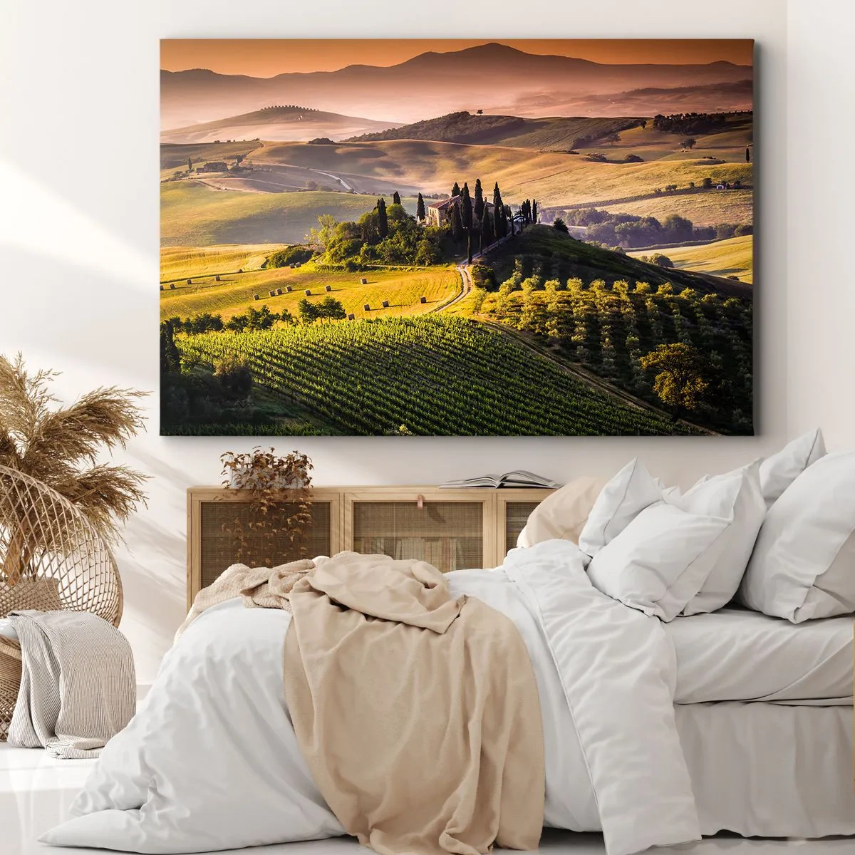 Cuadro sobre lienzo - Impresión de Imagen - Paisaje toscano con viñedos y una casa en una colina. - 70x50cm - Paisaje toscano - Decoración de pared moderna para salón y dormitorio ARTTOR