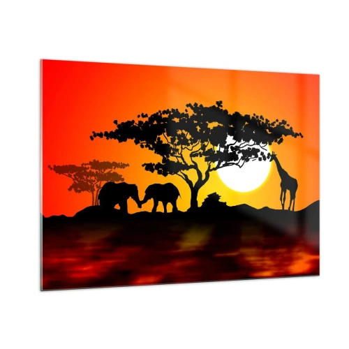 Cuadro sobre vidrio - Impresiones sobre Vidrio - Paisaje africano con árboles y animales al atardecer. - 100x70cm - Reunión en la sabana - Decoración de pared moderna para salón y dormitorio ARTTOR