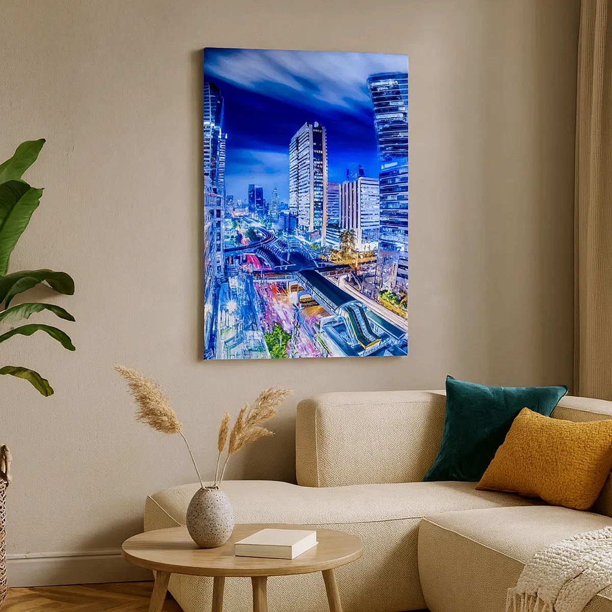 Cuadro sobre lienzo - Impresión de Imagen - Panorama nocturno de la ciudad con rascacielos y farolas - 50x70cm - Ritmos de la ciudad nocturna - Decoración de pared moderna para salón y dormitorio ARTTOR