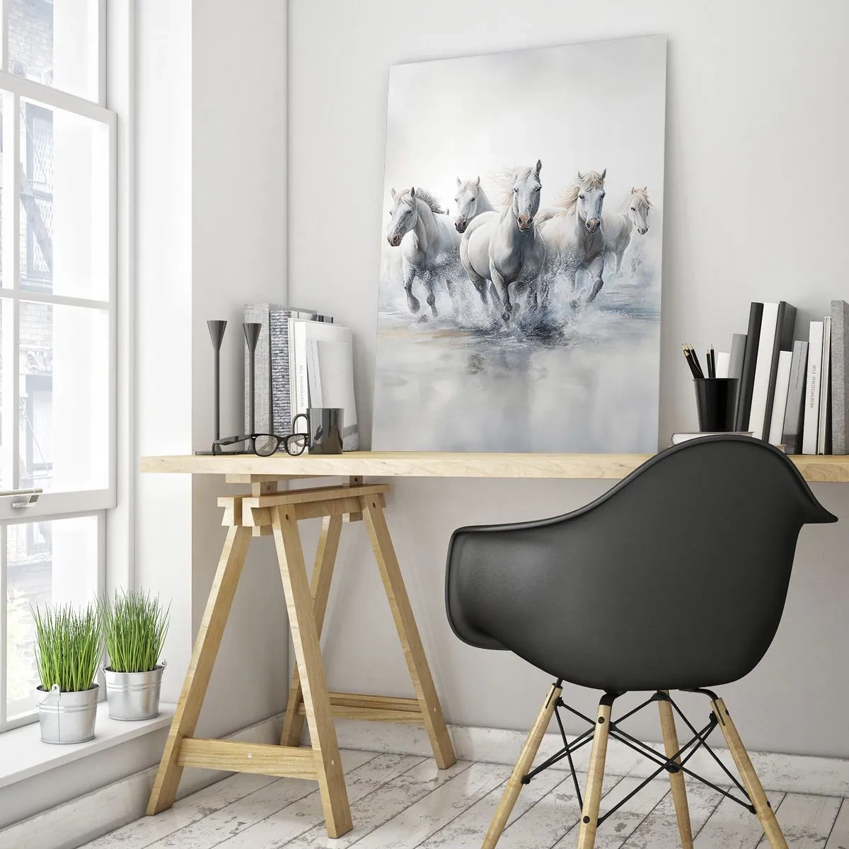 Cuadro sobre vidrio - Impresiones sobre Vidrio - Caballos blancos galopando a través del agua en una composición dinámica - 50x70cm - Magia blanca - Decoración de pared moderna para salón y dormitorio ARTTOR