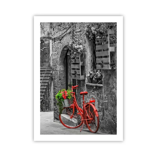 Póster - Una bicicleta roja con flores en una calle estrecha. - 50x70cm - Callejón de la Toscana - Decoración de pared moderna para salón y dormitorio ARTTOR