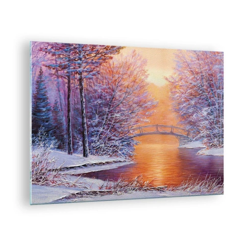 Cuadro sobre vidrio - Impresiones sobre Vidrio - Paisaje invernal con un puente y árboles cubiertos de nieve al atardecer. - 70x50cm - Reunámonos aquí - Decoración de pared moderna para salón y dormitorio ARTTOR