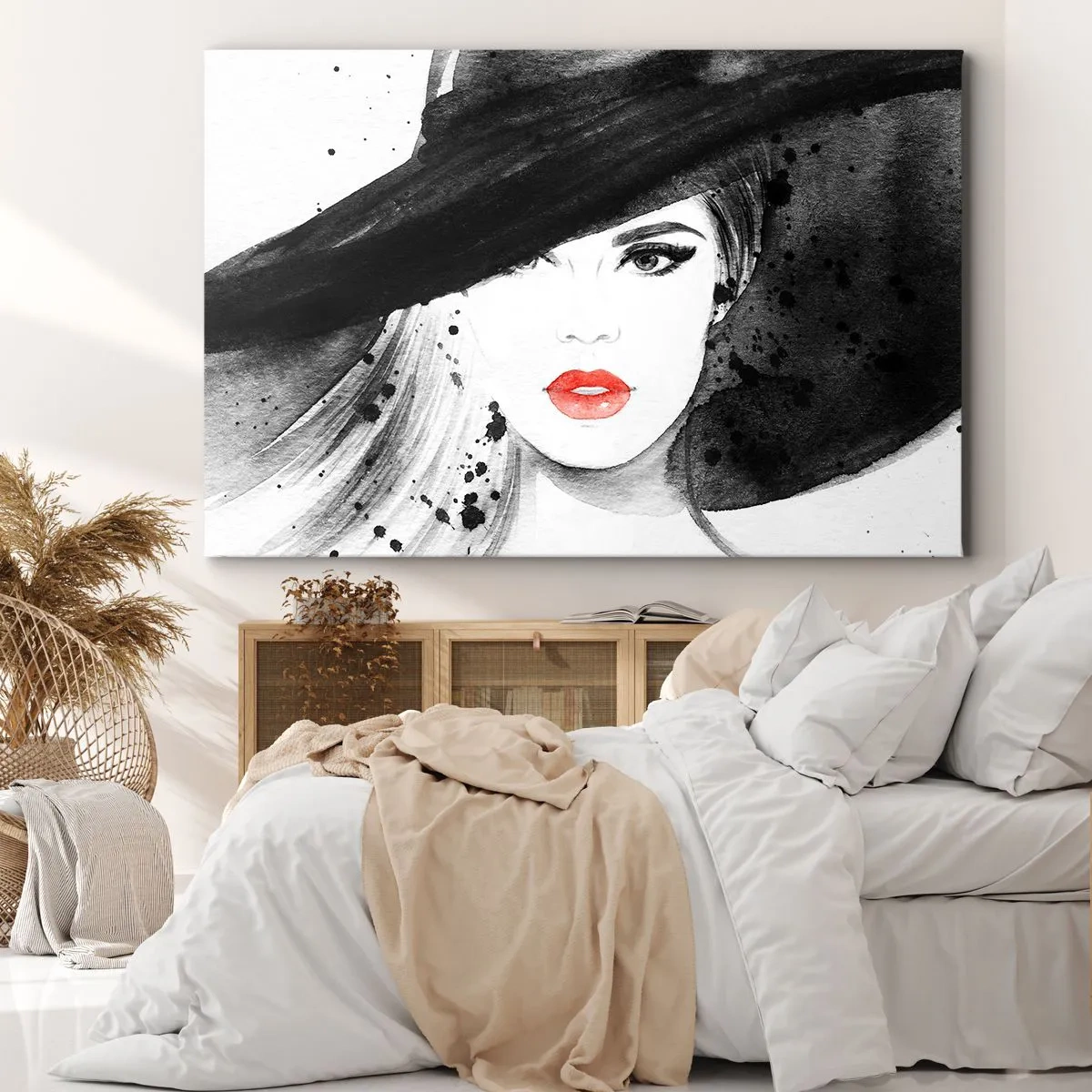 Cuadro sobre lienzo - Impresión de Imagen - Retrato de una mujer con sombrero y labios rojos. - 120x80cm - Dama de negro - Decoración de pared moderna para salón y dormitorio ARTTOR