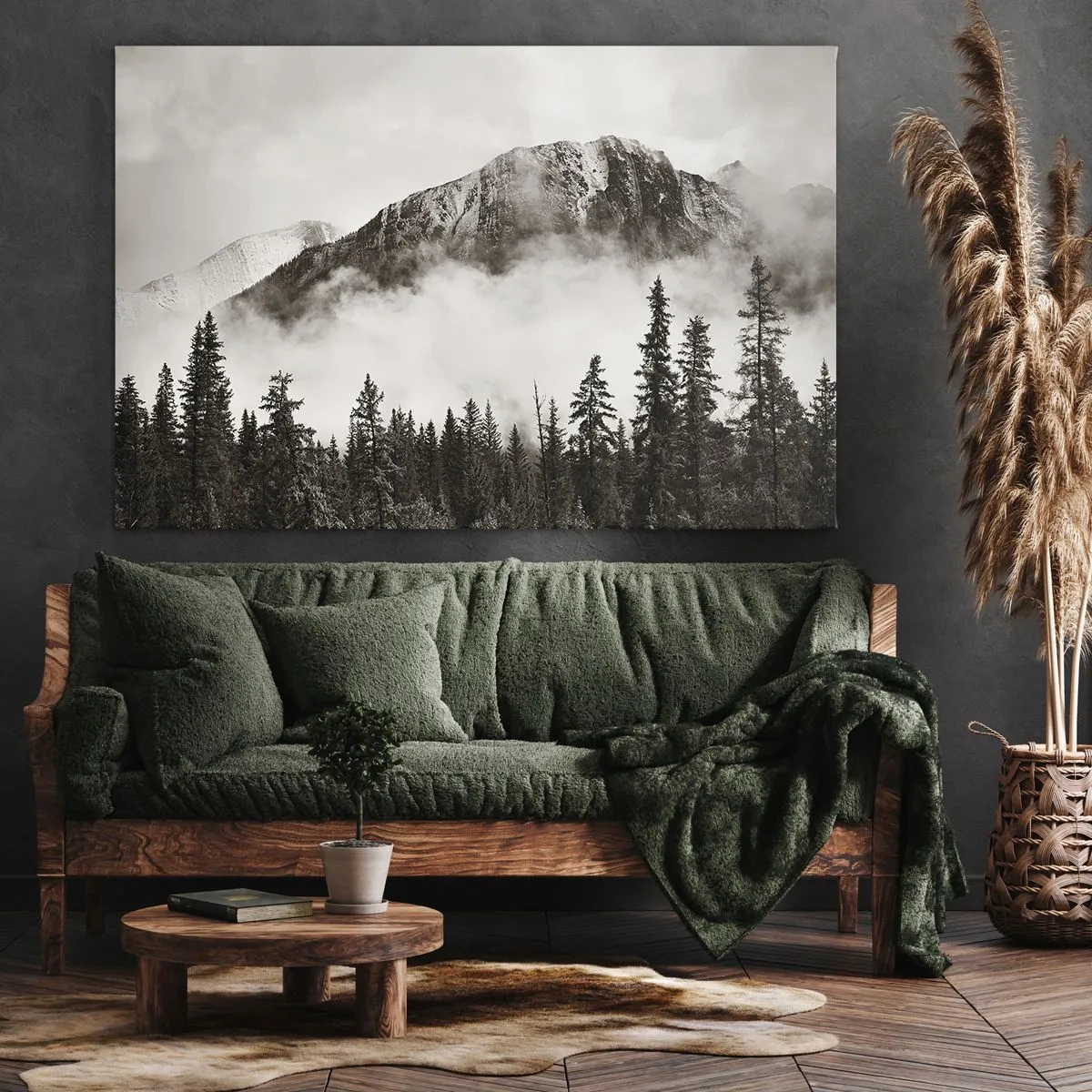 Cuadro sobre lienzo - Impresión de Imagen - Un pintoresco pico de montaña rodeado de niebla y un bosque en tonos sepia. - 70x50cm - Gobernante de granito - Decoración de pared moderna para salón y dormitorio ARTTOR