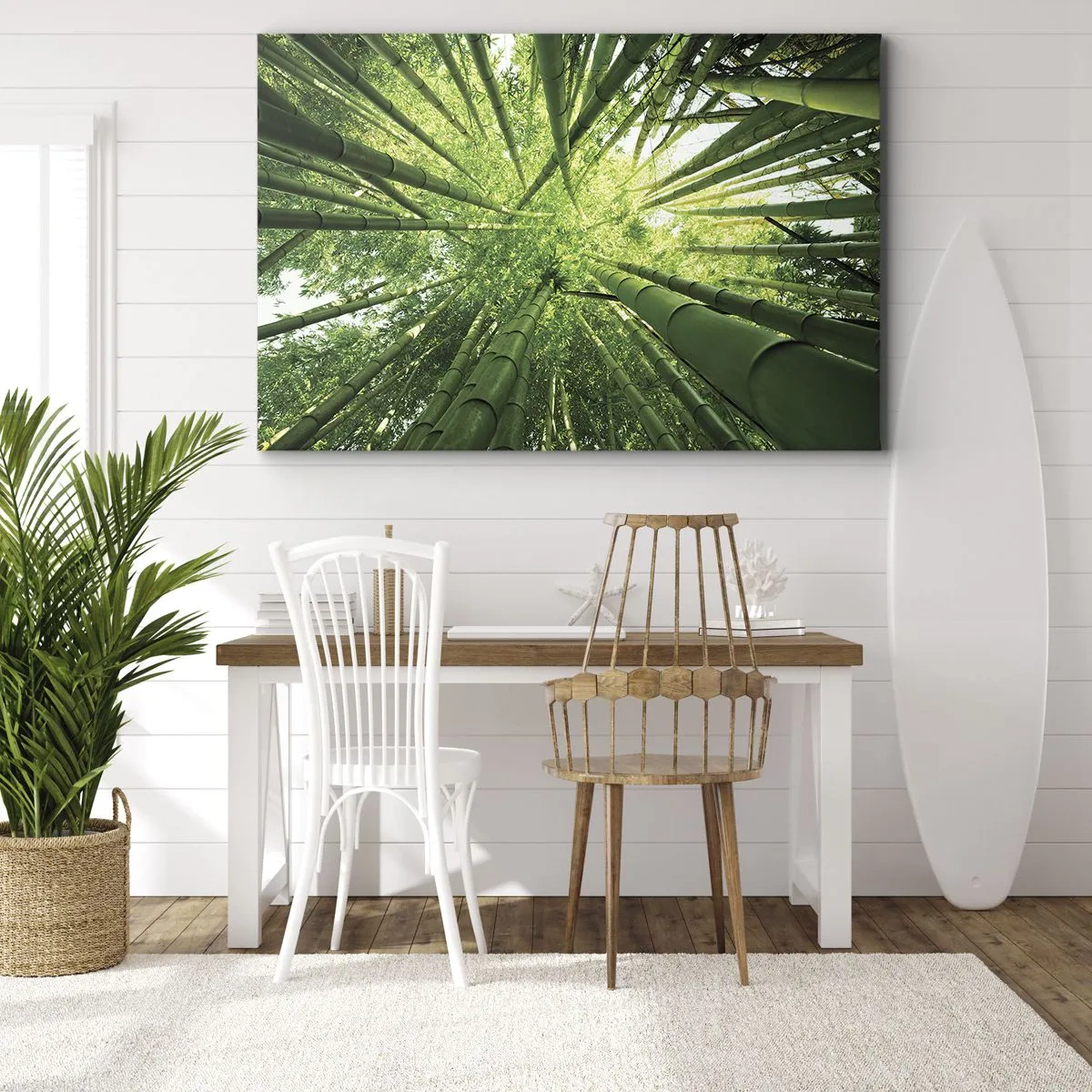 Cuadro sobre lienzo - Impresión de Imagen - Vista hacia arriba a través de un bosque de bambú verde. - 70x50cm - En un bosquecillo de bambú - Decoración de pared moderna para salón y dormitorio ARTTOR