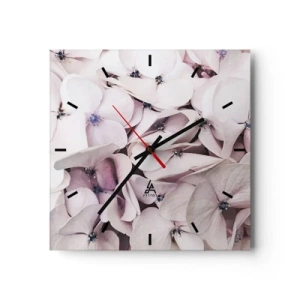 Reloj de pared - Reloj de vidrio - Delicadas hortensias blancas en tonos pastel. - 30x30cm - En un torrente de flores - Decoración de pared moderna para salón y dormitorio ARTTOR