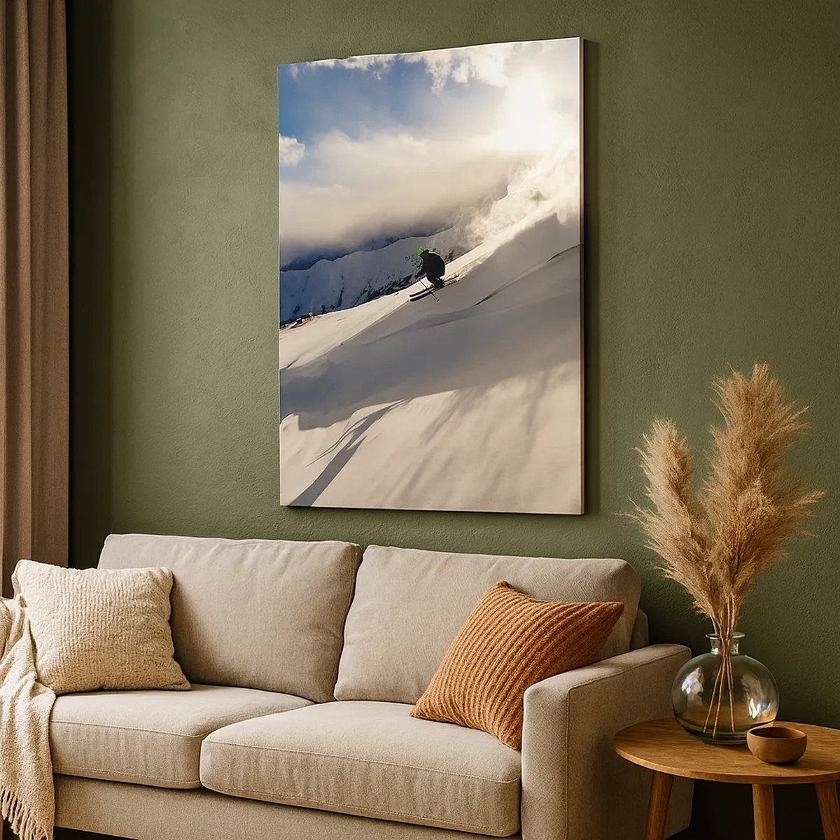 Cuadro sobre lienzo - Impresión de Imagen - Un esquiador en una pendiente rodeada de montañas y nieve. - 50x70cm - Reto de montaña asumido - Decoración de pared moderna para salón y dormitorio ARTTOR