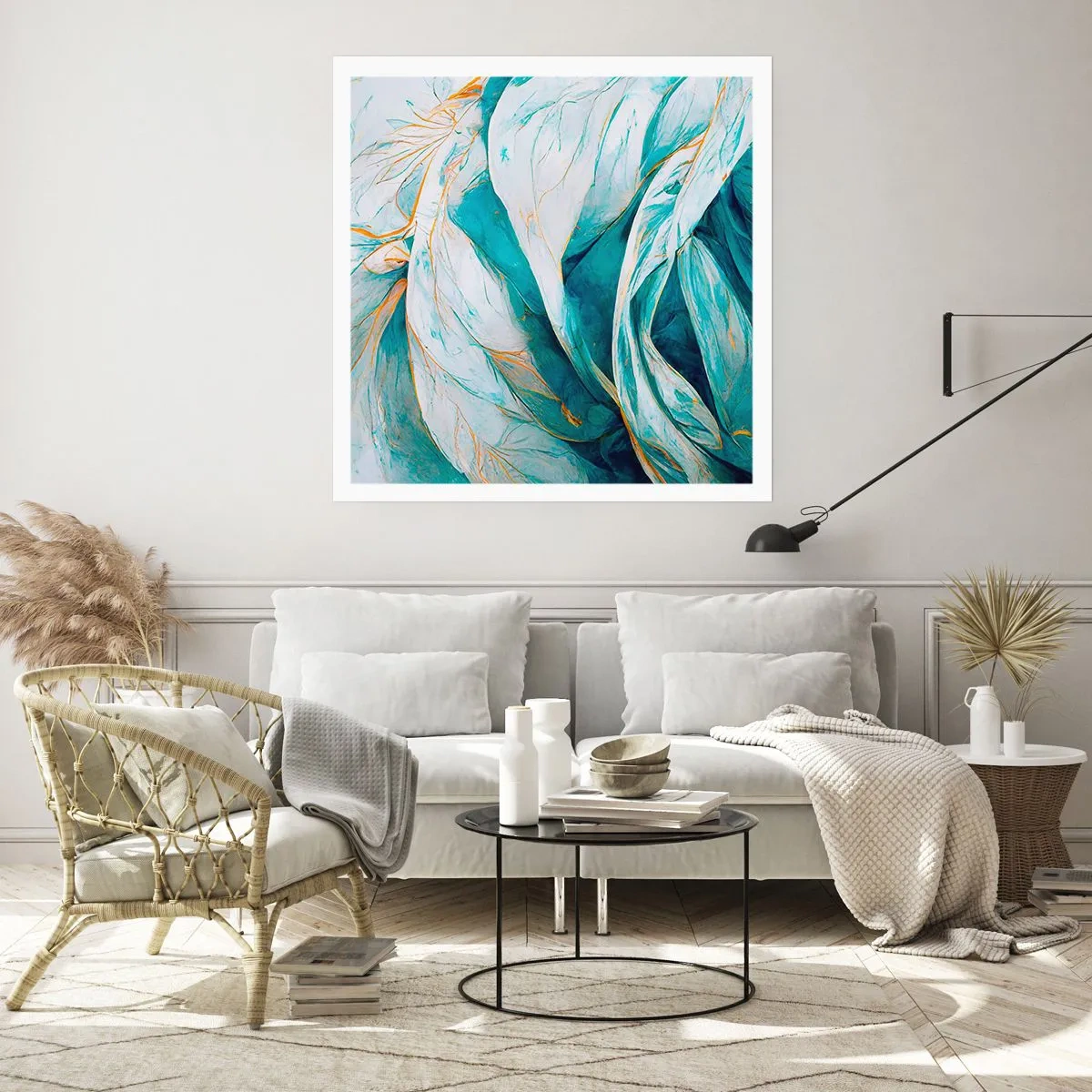 Póster - Abstracción azul con motivos dorados - 50x50 cm