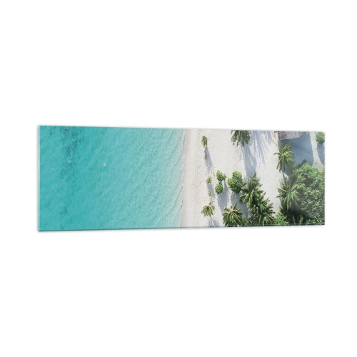 Cuadro sobre vidrio - Impresiones sobre Vidrio - Una vista de pájaro de una playa tropical con agua turquesa y palmeras. - 160x50cm - Vacaciones en el paraíso - Decoración de pared moderna para salón y dormitorio ARTTOR