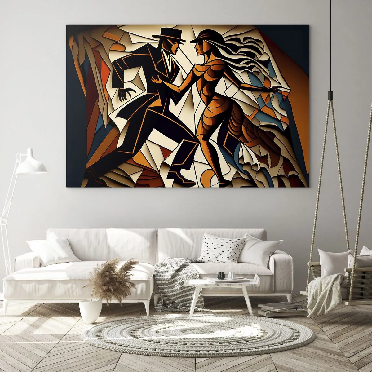 Cuadro sobre vidrio - Impresiones sobre Vidrio - Una pareja estilizada bailando en una forma abstracta dinámica. - 70x50cm - Danza de pasión - Decoración de pared moderna para salón y dormitorio ARTTOR