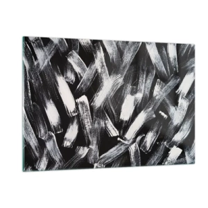 Cuadro sobre vidrio - Impresiones sobre Vidrio - Abstracción en blanco y negro de pinceladas sobre un fondo oscuro. - 120x80cm - Abstracción en el espíritu industrial - Decoración de pared moderna para salón y dormitorio ARTTOR