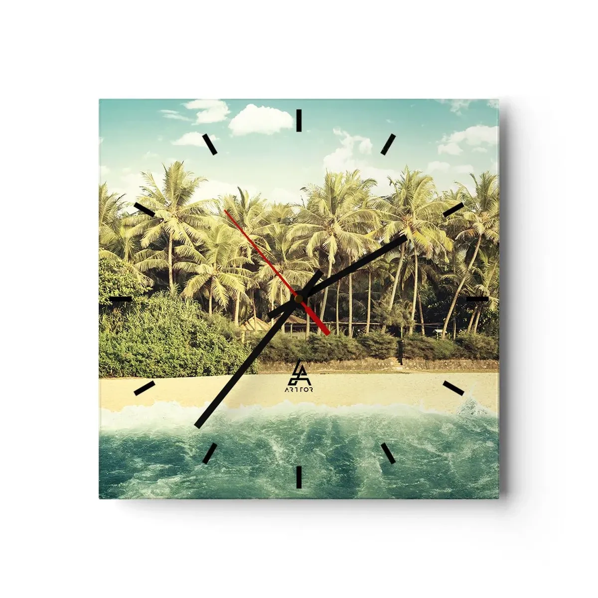 Reloj de pared - Reloj de vidrio - Playa tropical con palmeras y mar turquesa. - 30x30cm - ¿Qué tal aquí? - Decoración de pared moderna para salón y dormitorio ARTTOR