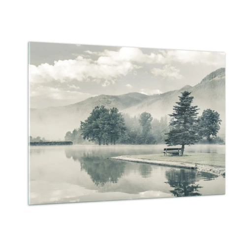 Cuadro sobre vidrio - Impresiones sobre Vidrio - Un lago tranquilo por la mañana con un banco y niebla sobre el agua. - 100x70cm - El lago sigue durmiendo - Decoración de pared moderna para salón y dormitorio ARTTOR