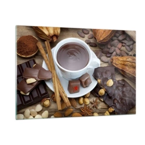 Cuadro sobre vidrio - Impresiones sobre Vidrio - Una taza de chocolate caliente con aderezos sobre un fondo rústico. - 120x80cm - Chocolate de ensueño - Decoración de pared moderna para salón y dormitorio ARTTOR