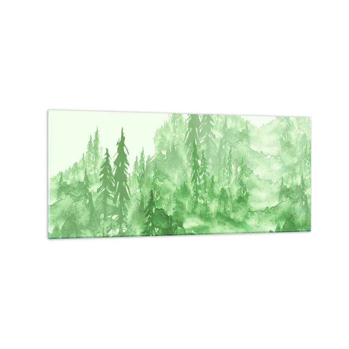 Cuadro sobre vidrio - Impresiones sobre Vidrio - Bosque verde en estilo acuarela sobre un fondo claro - 120x50cm - Difuminado con niebla verde - Decoración de pared moderna para salón y dormitorio ARTTOR