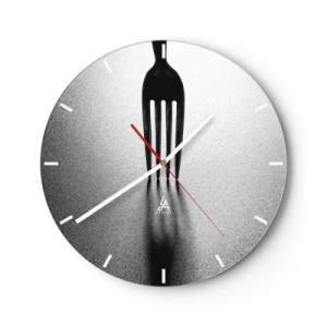 Reloj de pared - Reloj de vidrio - Tenedor negro sobre fondo plateado con sombra - 30x30cm - Luz y sombra - Decoración de pared moderna para salón, cocina y dormitorio ARTTOR