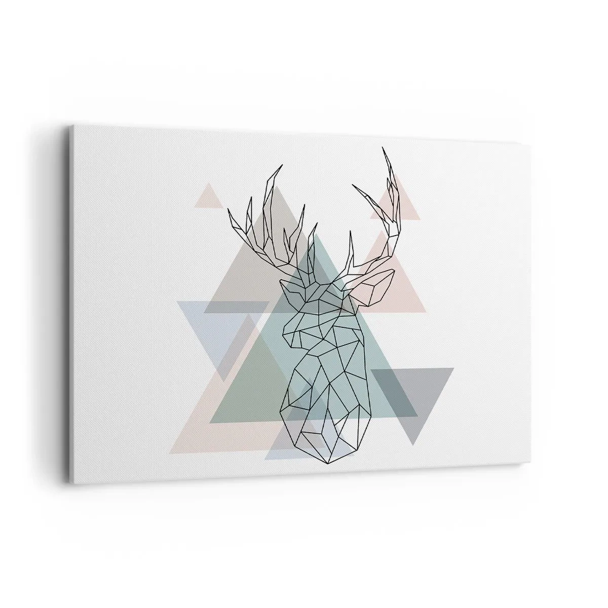 Cuadro sobre lienzo - Impresión de Imagen - Ciervo geométrico sobre un fondo de triángulos pastel. - 100x70cm - En un bosque geométrico - Decoración de pared moderna para salón y dormitorio ARTTOR