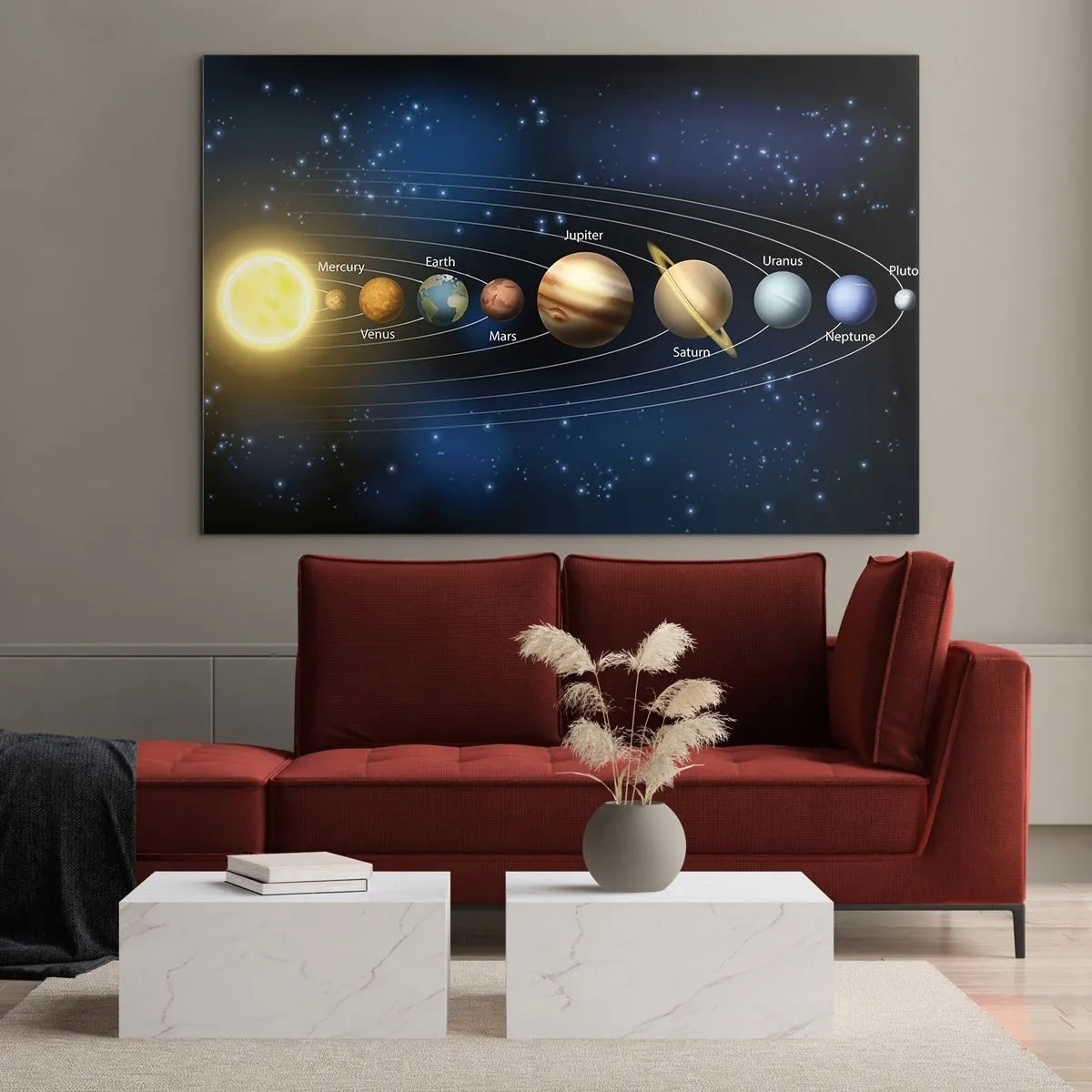 Cuadro sobre vidrio - Impresiones sobre Vidrio - El sistema solar con planetas y estrellas al fondo. - 120x80cm - Uno de diez - Decoración de pared moderna para salón y dormitorio ARTTOR