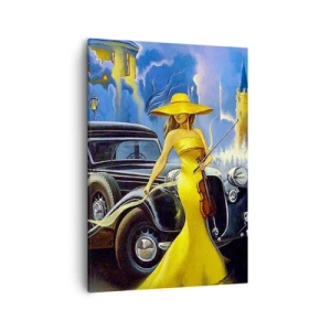 Cuadro sobre lienzo - Impresión de Imagen - Una mujer con un vestido amarillo con un violín junto a un coche retro. - 50x70cm - Noche de violín y pasión - Decoración de pared moderna para salón y dormitorio ARTTOR