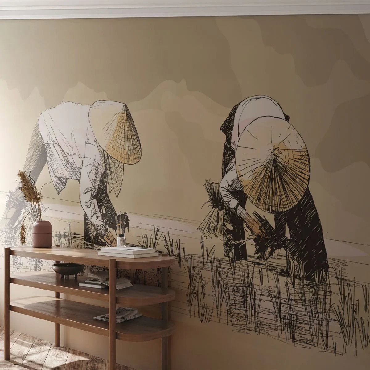 Fotomural Premium Sand - Una escena de dibujos animados de trabajo en un campo de arroz. - 100x70cm - De una cosecha exitosa - Decoración de pared moderna para salón y dormitorio ARTTOR