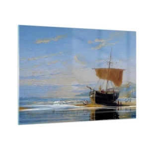 Cuadro sobre vidrio - Impresiones sobre Vidrio - Un barco con una vela en la orilla en estilo pictórico. - 70x50cm - Agua, tierra, aire - Decoración de pared moderna para salón y dormitorio ARTTOR