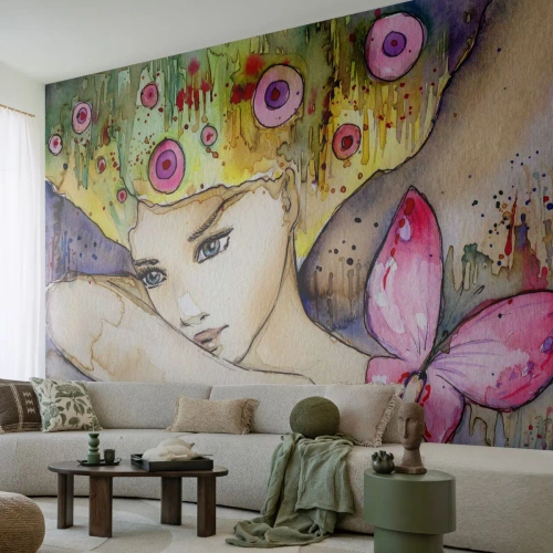 Fotomural Premium Canvas - Una mujer con un peinado abstracto y una mariposa rosa. - 100x70cm - Una princesa mariposa - Decoración de pared moderna para salón y dormitorio ARTTOR