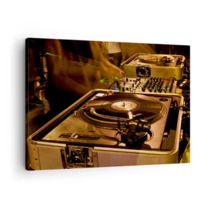 Cuadro sobre lienzo - Impresión de Imagen - Equipo de DJ con plato giratorio y mezclador durante una fiesta - 70x50cm - ¿Puedes sentir el poder? - Decoración de pared moderna para salón y dormitorio ARTTOR
