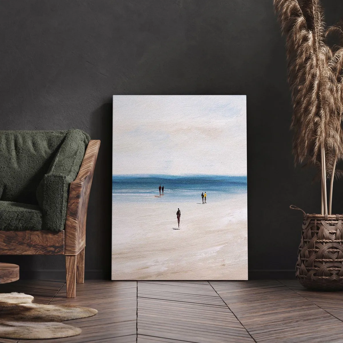 Cuadro sobre lienzo - Impresión de Imagen - Una playa con gente con el mar en calma como telón de fondo. - 70x100cm - Necesidad natural - Decoración de pared moderna para salón y dormitorio ARTTOR