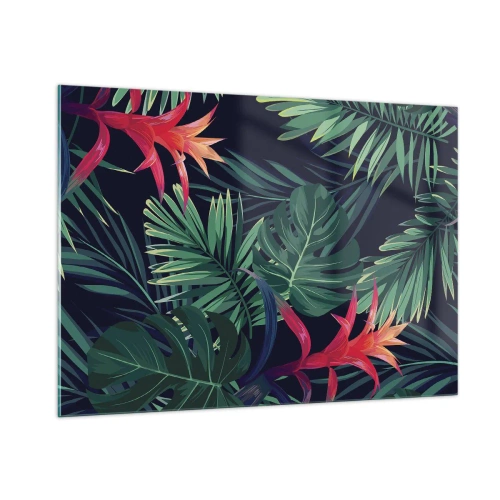 Cuadro sobre vidrio - Impresiones sobre Vidrio - Hojas y flores exóticas sobre un fondo oscuro. - 100x70cm - Encender el color verde - Decoración de pared moderna para salón y dormitorio ARTTOR