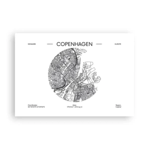Póster - Un mapa de Copenhague en un estilo minimalista en blanco y negro. - 100x70cm - Anatomía de Copenhague - Decoración de pared moderna para salón y dormitorio ARTTOR
