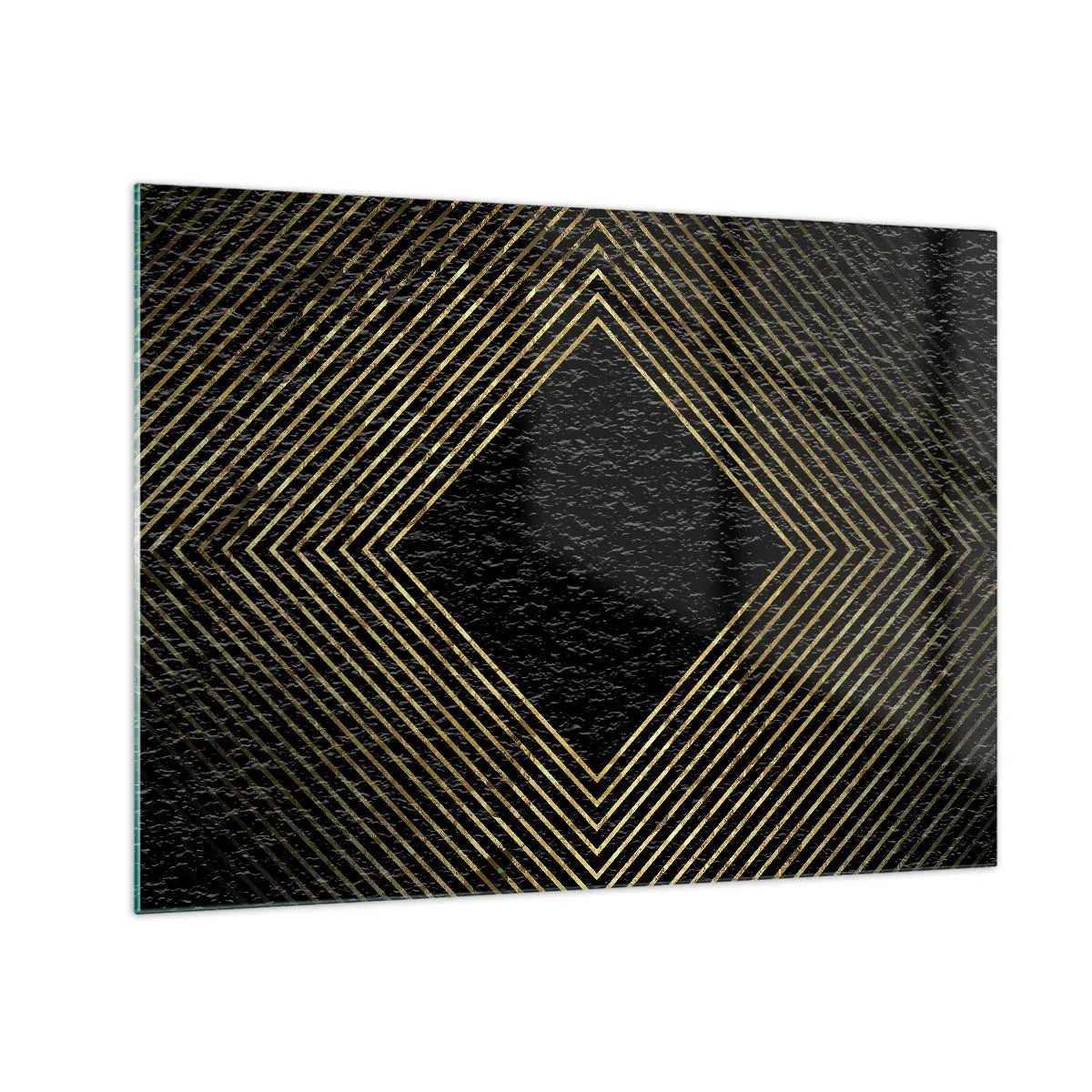 Cuadro sobre vidrio - Impresiones sobre Vidrio - Diamante dorado con líneas geométricas sobre fondo negro. - 70x50cm - Geometría al estilo glamour - Decoración de pared moderna para salón y dormitorio ARTTOR
