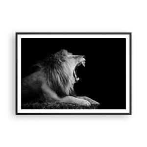 Póster en marco negro - Un león rugiente sobre un fondo negro en tonos blanco y negro. - 100x70cm - Sin duda alguna - Decoración de pared moderna para salón y dormitorio ARTTOR