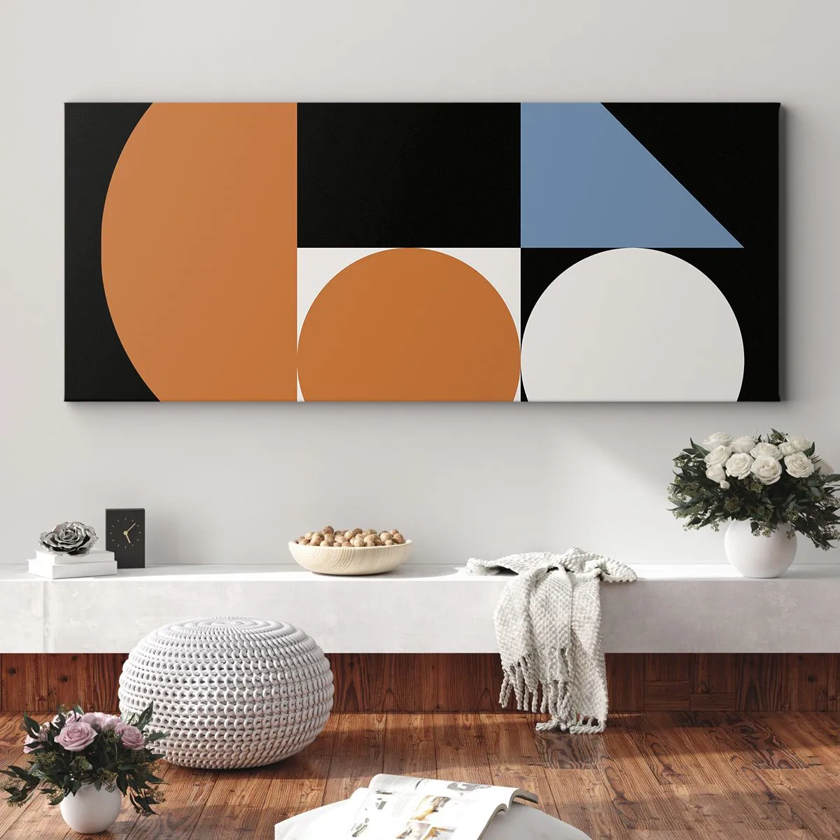 Cuadro sobre lienzo - Impresión de Imagen - Patrón geométrico con formas coloridas sobre un fondo negro. - 140x50cm - Diseño con figuras - Decoración de pared moderna para salón y dormitorio ARTTOR