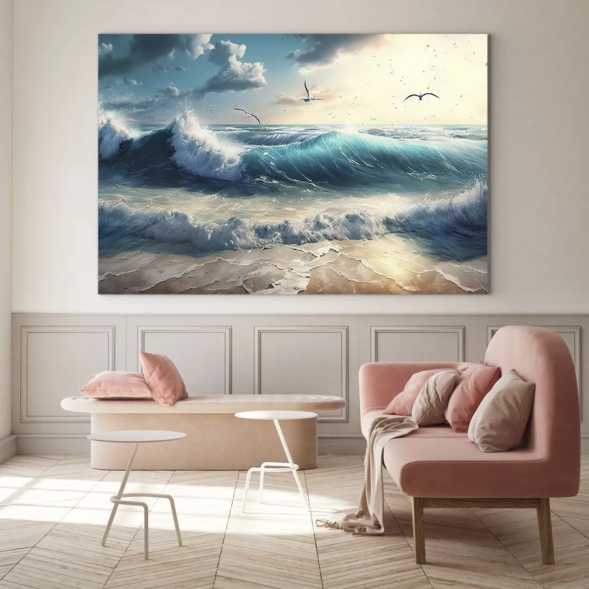 Cuadro sobre vidrio - Impresiones sobre Vidrio - Olas rompiendo en la orilla a la luz de la mañana. - 70x50cm - La brisa solo para ti - Decoración de pared moderna para salón y dormitorio ARTTOR