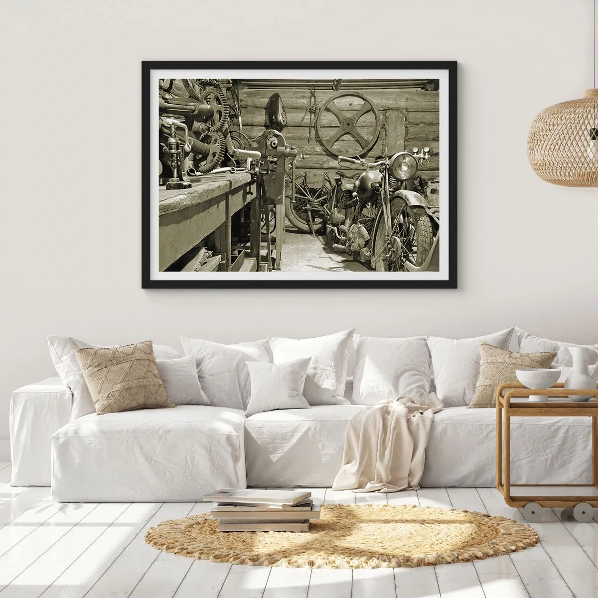 Póster en marco negro - Taller retro con motos y herramientas - 100x70cm - En el trastero del abuelo - Decoración de pared moderna para salón y dormitorio ARTTOR
