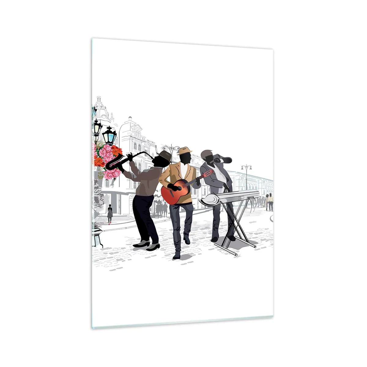 Cuadro sobre vidrio - Impresiones sobre Vidrio - Una banda de jazz tocando en la calle. - 50x70cm - Música de la calle - Decoración de pared moderna para salón y dormitorio ARTTOR
